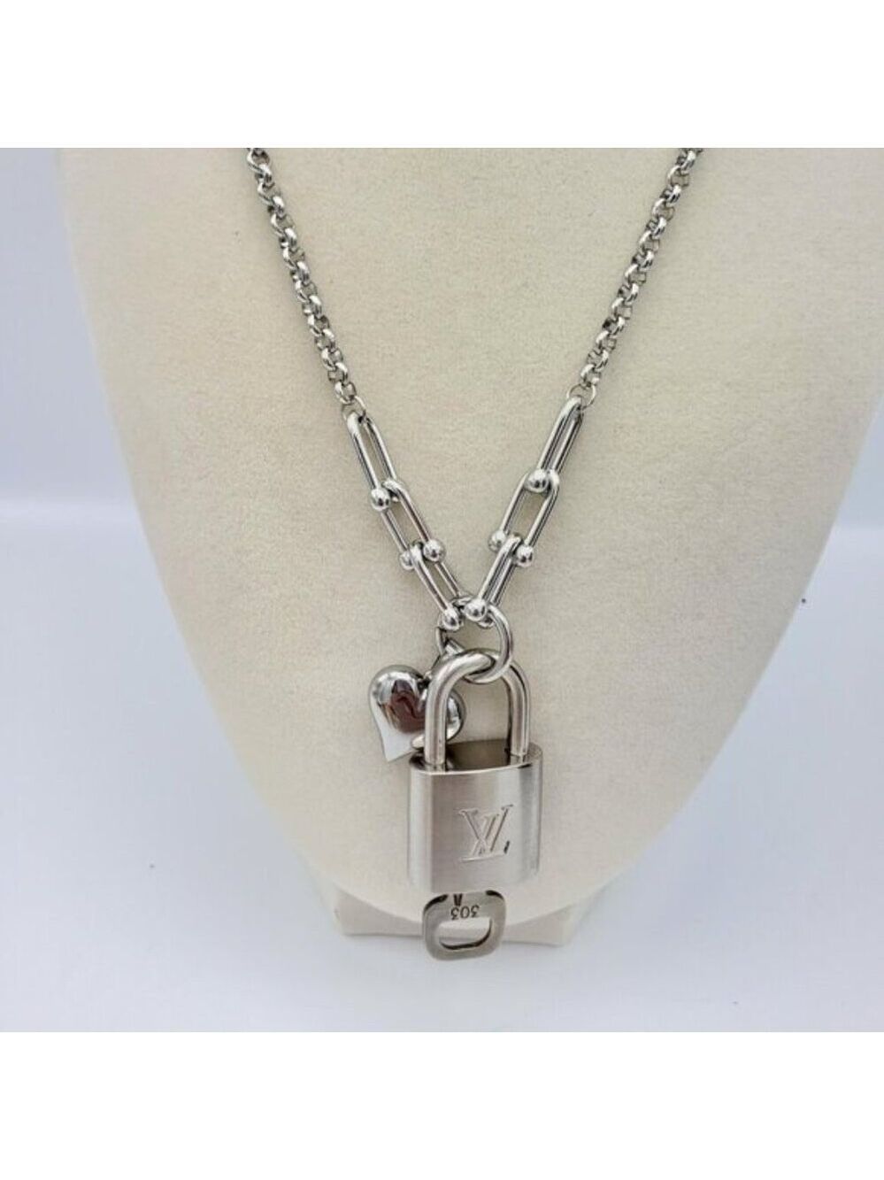 Stainless Steel Silver-Plated Necklace with Authentic Louis Vuitton Padlock - Picture 8 of 12